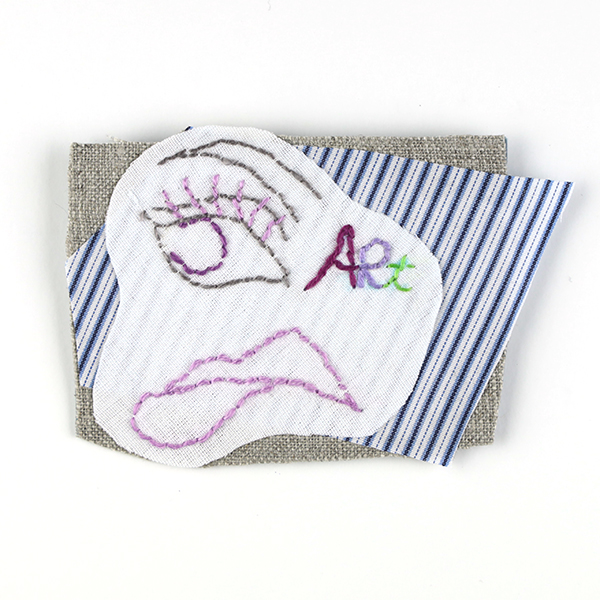 B421 ART (feat. ya)<br>制作者:わたげ<br>サイズ:6cm×9cm<br>素材:刺繍糸、フェルト、布、ブローチピン<br><br>私たち手芸部が大切にしてきたshareの心。メンバーと交換した材料には、その人らしさが見えます。他者(メンバー)が選んだ素材で作ると、私の作品の中に彼女がのぞく。その化学反応と、布や糸の多様性をお楽しみいただけるシリーズです。顔の刺繍は、ピピロッティ展から着想を得て、yaがほどこしたものです。